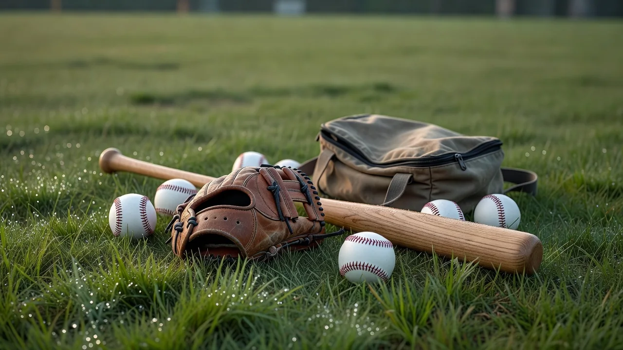 Baseball glove, bat and helmet laid out in a dugout before practice