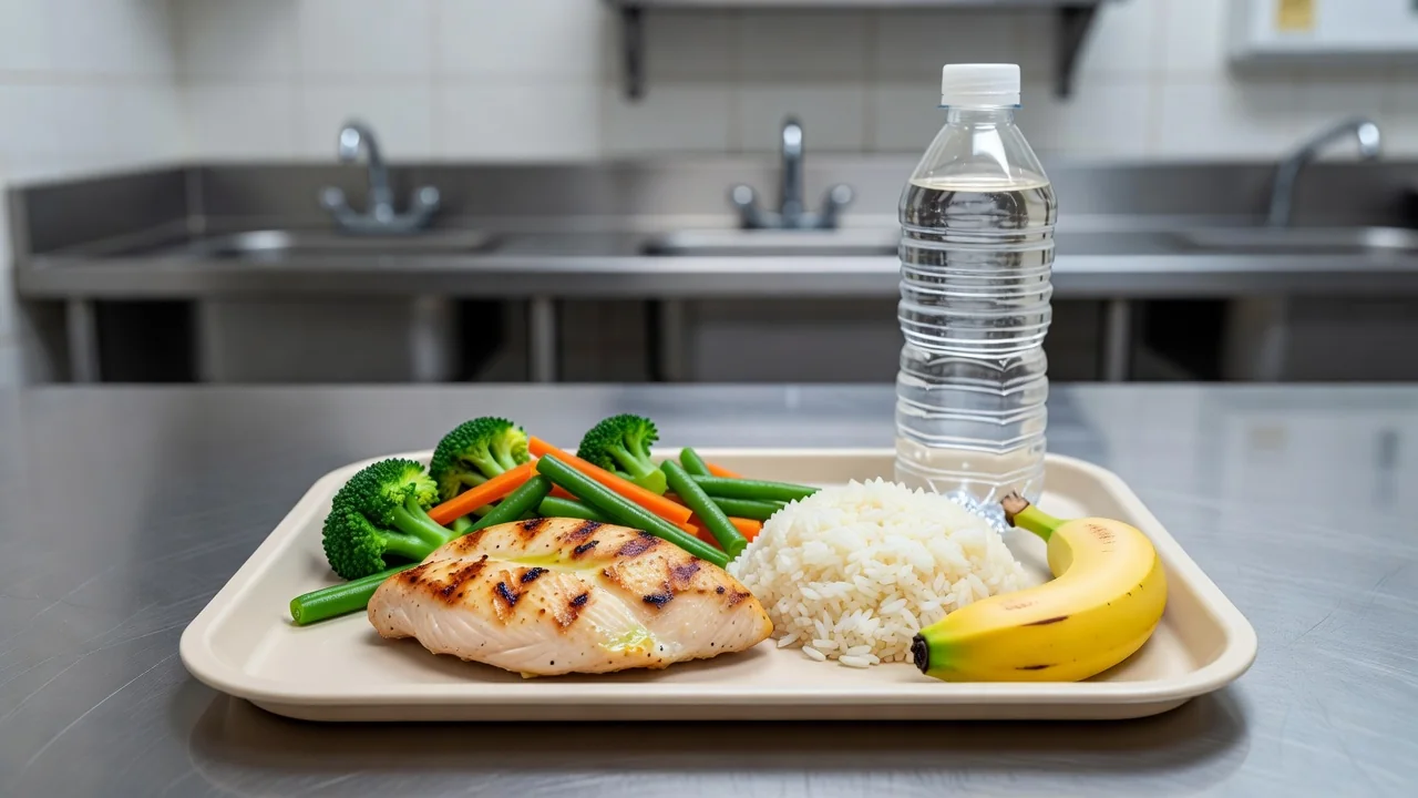 Balanced post-game meal with lean protein, rice and vegetables for a student athlete