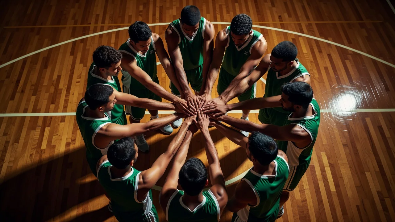 Basketball team in a pre-game huddle on the court