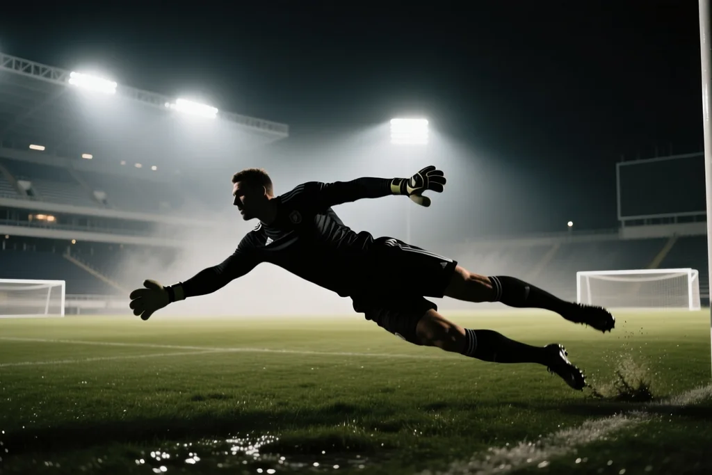Defender heading a ball clear in front of a crowded stadium stand