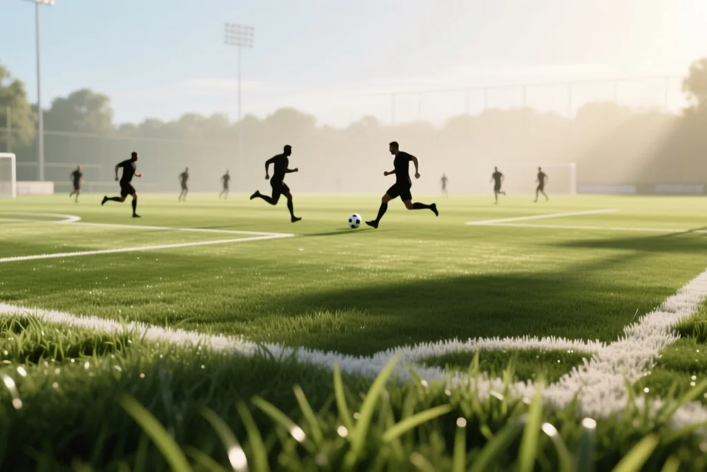 Two footballers contesting a loose ball under stadium floodlights