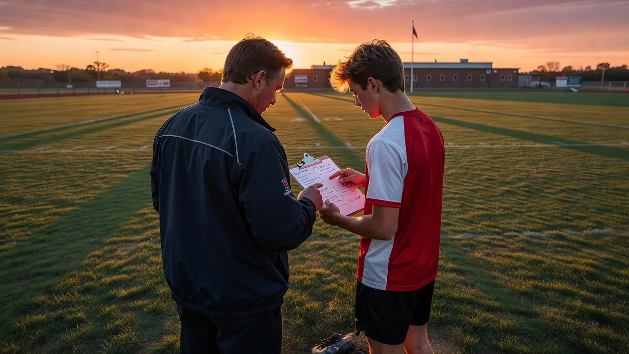 Coach giving individual feedback to a teenage athlete at the edge of a training field