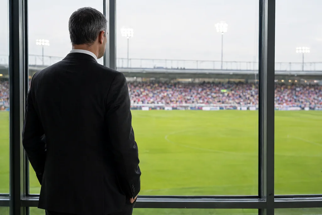 Empty tribune with rows of plain seats and a glass safety rail