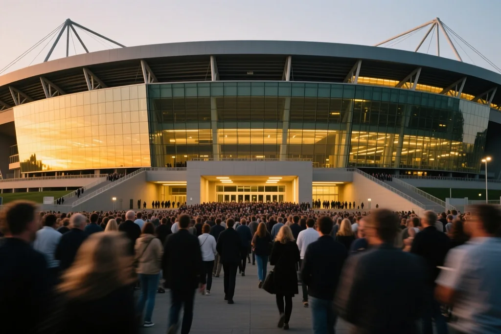 Stadium forecourt with turnstiles and brick facades in daylight