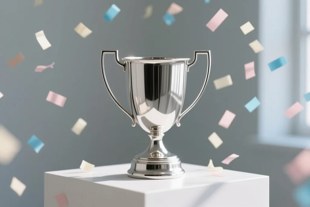 Generic gold-coloured trophy on a dark surface with a blurred stadium background