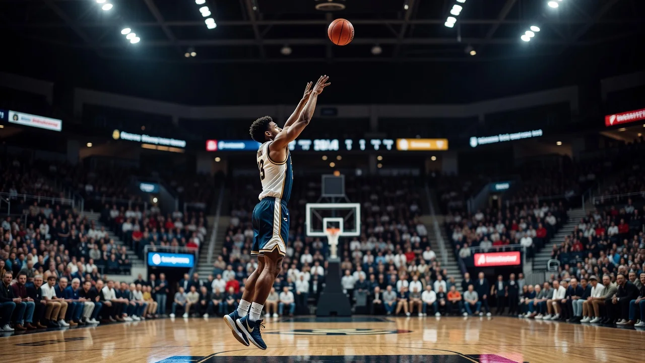 University basketball game in a packed campus arena, player driving to the basket