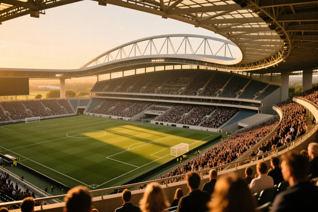 Modern stadium exterior with a curved steel roof at golden hour