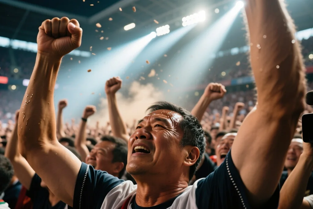 Wide bowl of supporters inside a large stadium during a night match