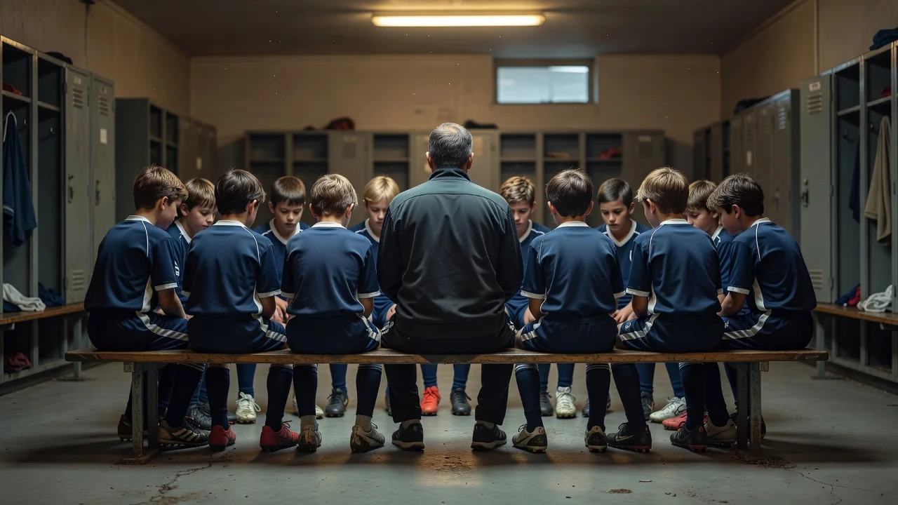 Youth football team listening to their coach during a calm pre-match talk in the locker room