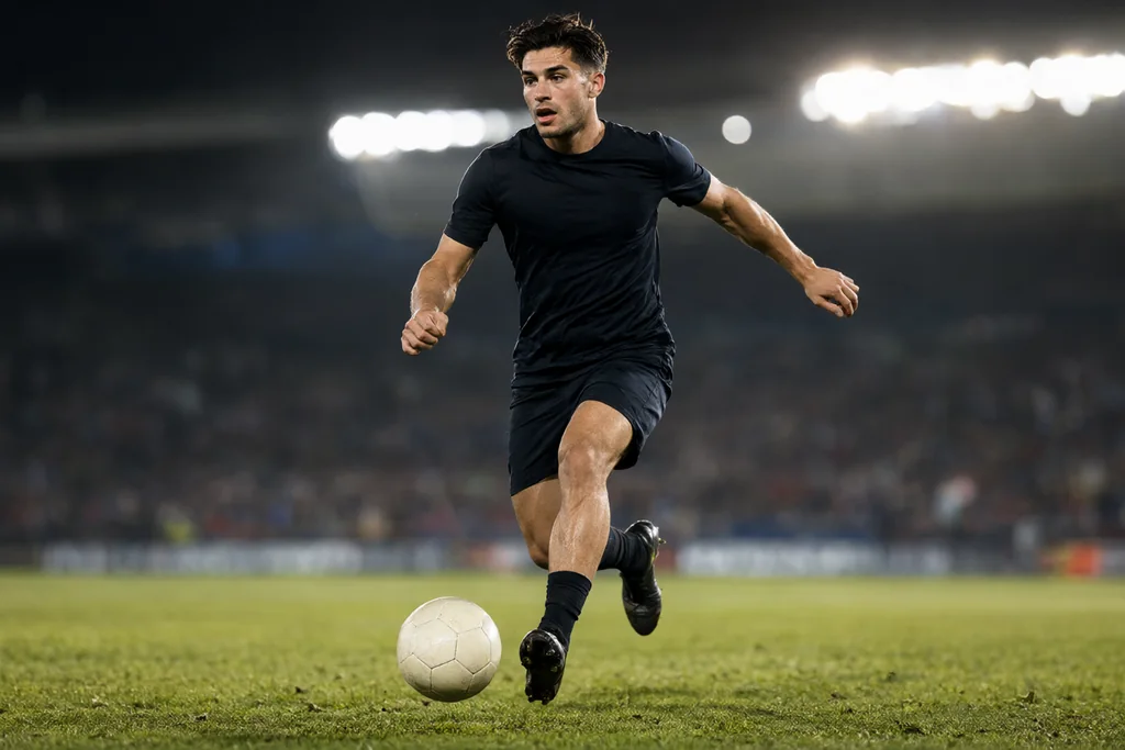 Adult footballer in a plain kit running with the ball under floodlights