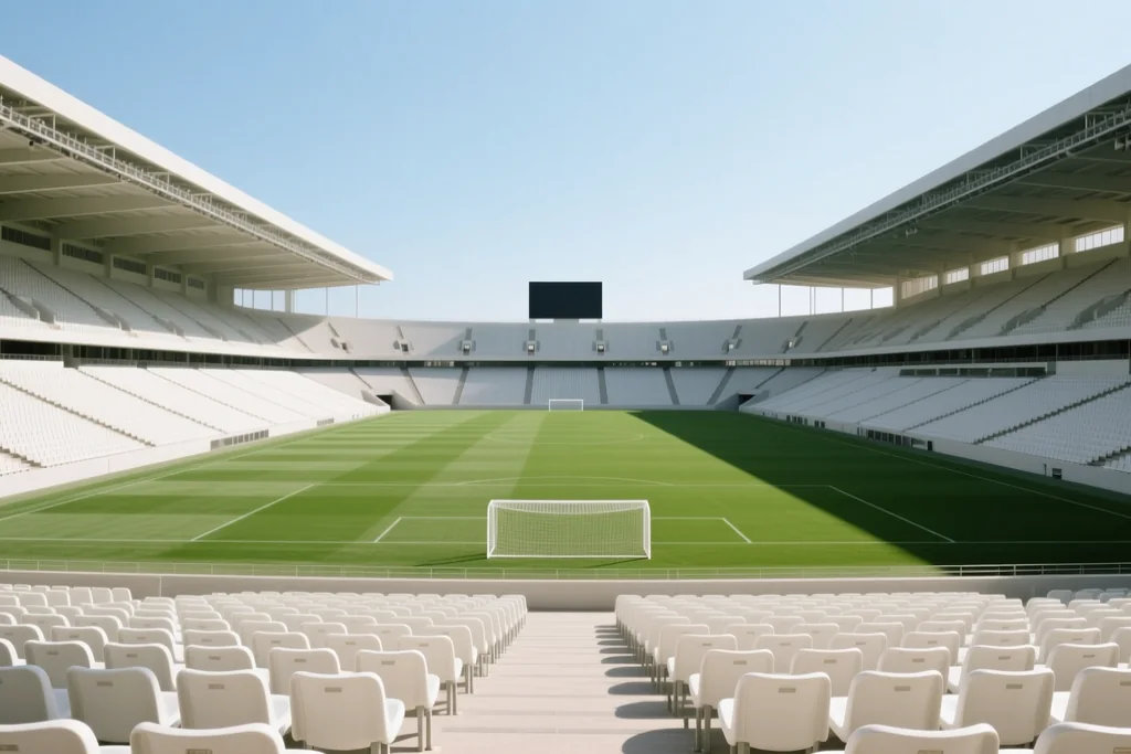 Wide empty stadium with rows of seats and a green pitch in daylight