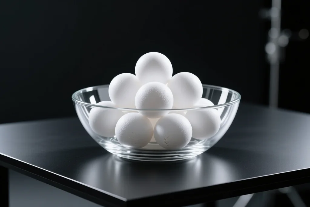Plain white balls ready for a draw in a clear glass bowl