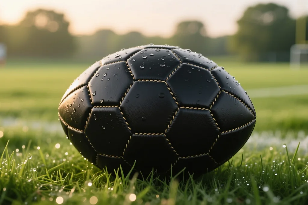 Classic round stitched football resting on green grass