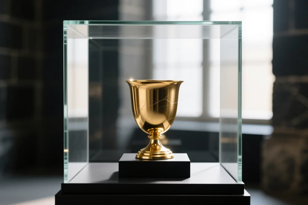 Gold-coloured trophy cup on a dark plinth in a display case