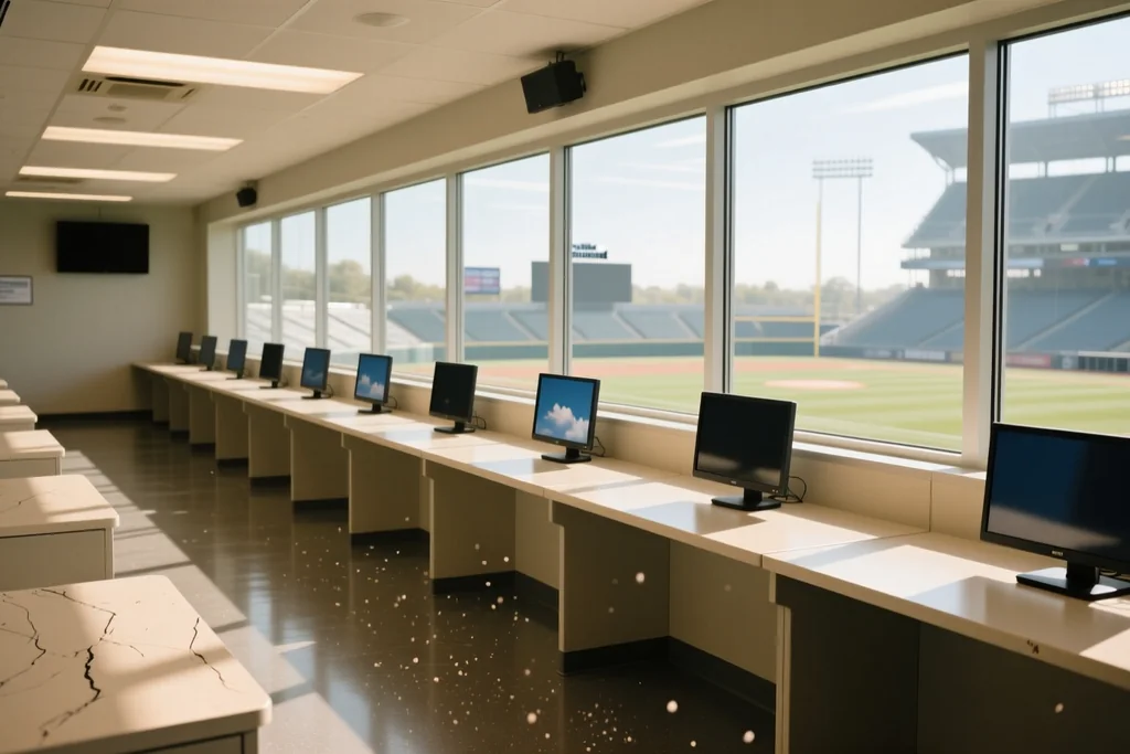 Empty stadium press box with desks and small monitors in daylight