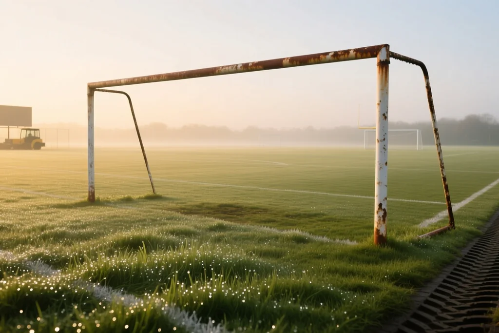 Training ground pitch at dawn with goalposts in the distance