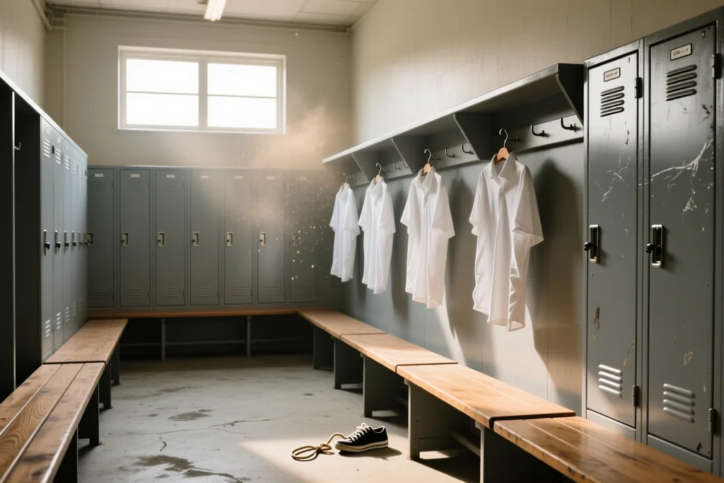 Empty national stadium dressing room with plain benches and hooks