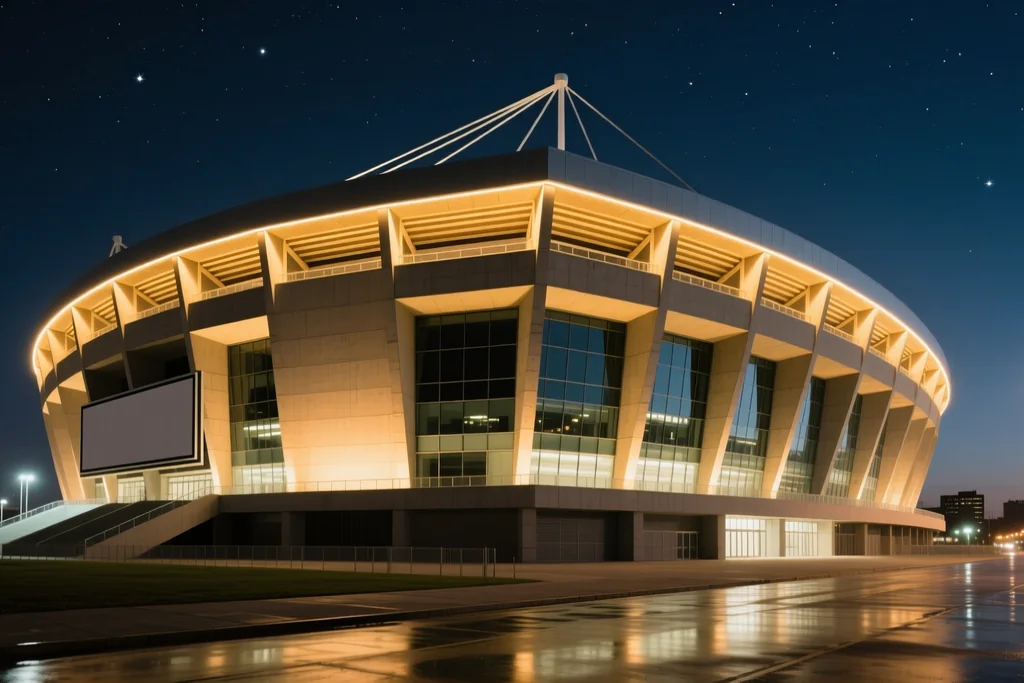 Modern stadium exterior at night with warm lighting along the facade