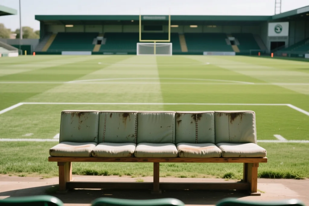 Substitutes bench with padded seats beside an empty pitch