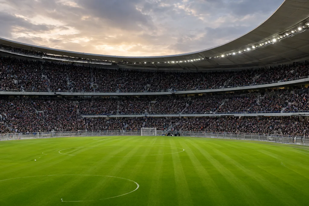 Floodlit stadium bowl with supporters filling the stands at dusk