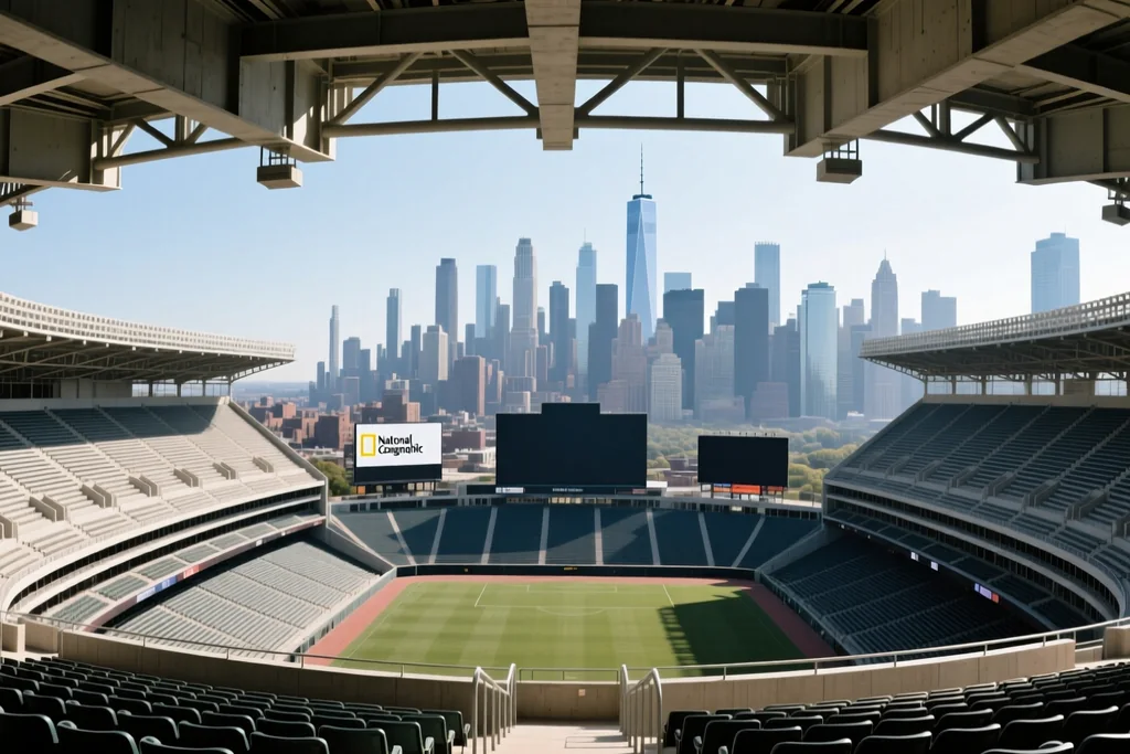 City skyline seen above the top tier of a large stadium