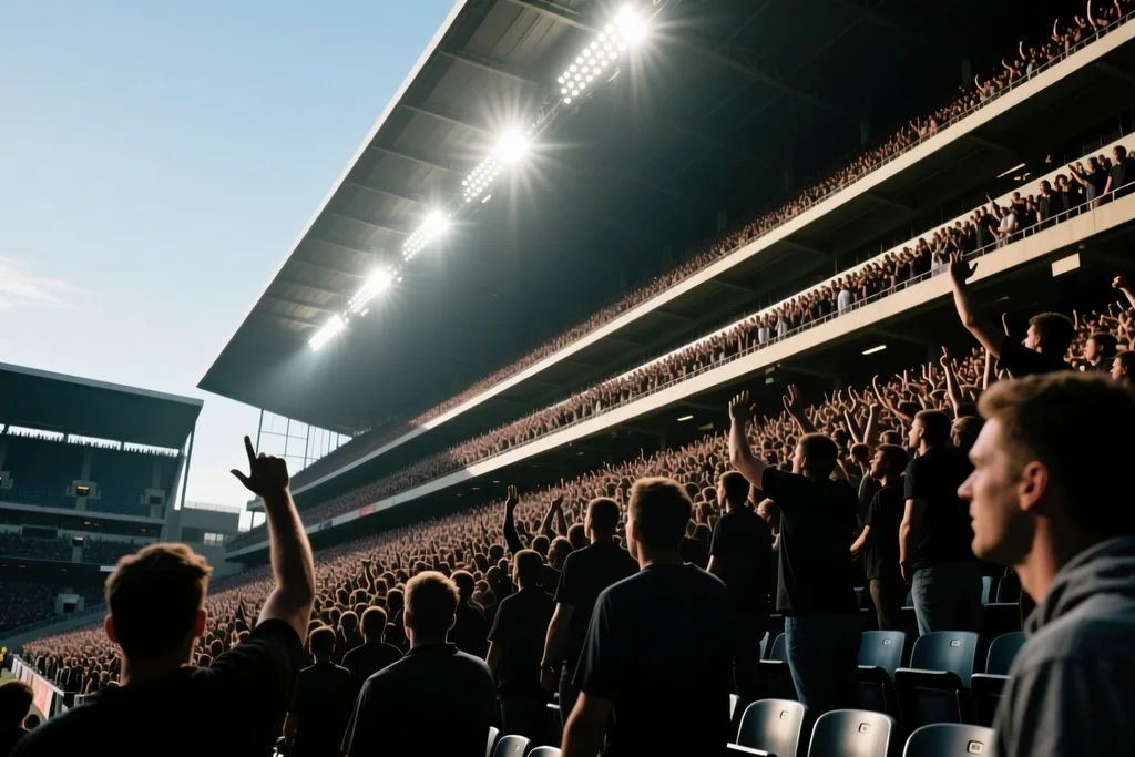 Crowded stadium tiers seen from below against floodlights