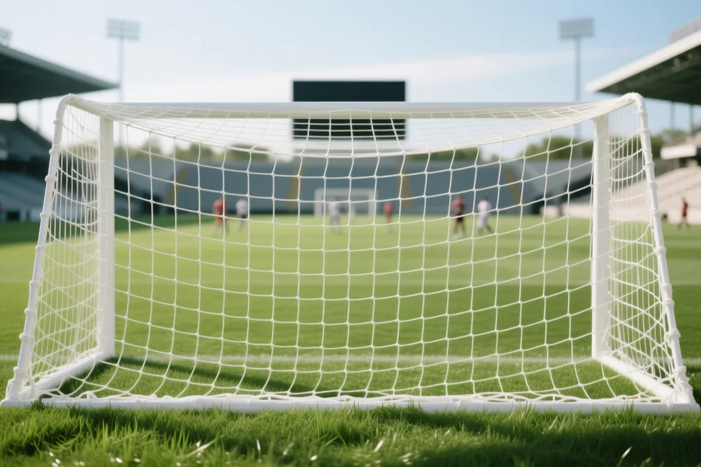 Goal net close-up in a stadium goalmouth with green grass beyond